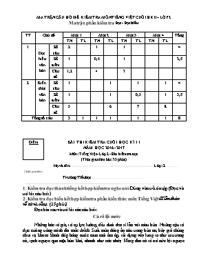 Ma trận và đề kiểm tra môn Tiếng việt lớp 2 (Có đáp án) - Năm học 2016-2017